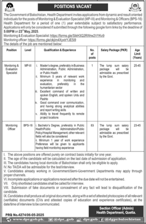 Health Department quetta Jobs